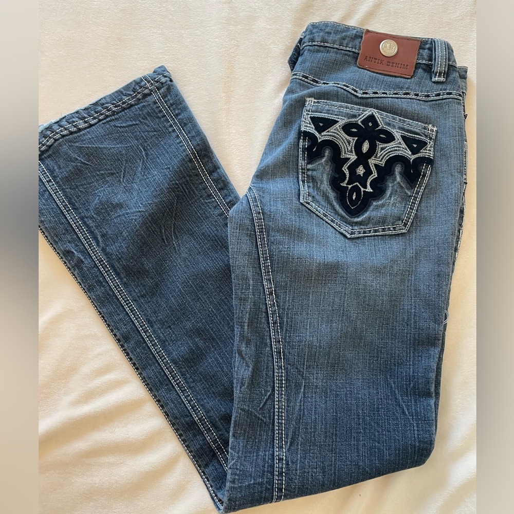 Antik Denim Western‎ Flare Leg Velvet Pocket Appliqué Dark Wash Jeans